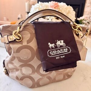 Coach Tan and Cream Signature Canvas And Leather Shoulder Bag